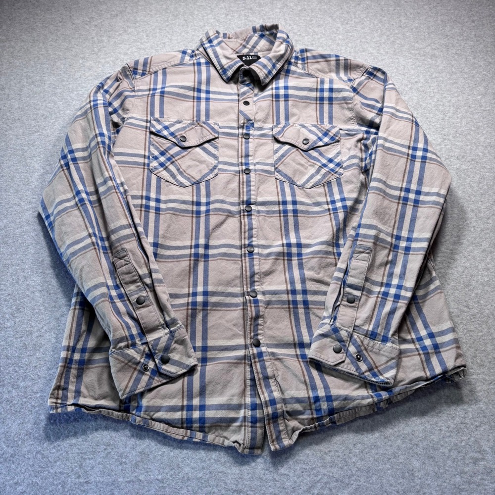5.11 Tactical Mens Plaid Long Sleeve Snap Front Shirt Tan Blue Cotton Large
